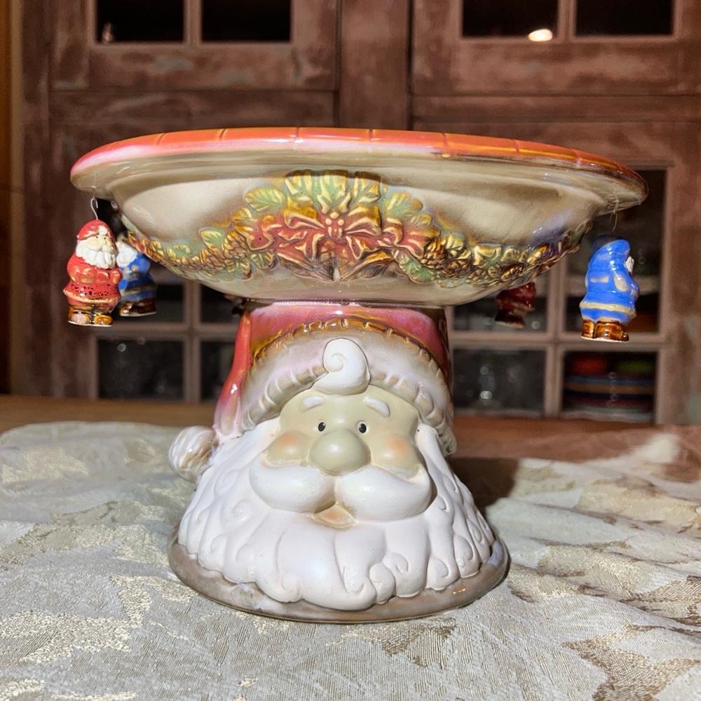 Vintage Santa Claus Holiday Pedestal Bowl / Dish